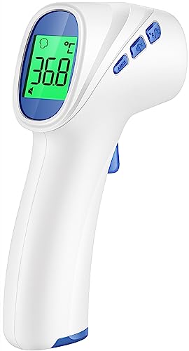Viproud Fieberthermometer Kontaktlos Infrarot Stirnthermometer für Babys und Erwachsene mit Fieberalarm, LCD Anzeige, sofortiger genauer Messwerte, Weiß_Blau