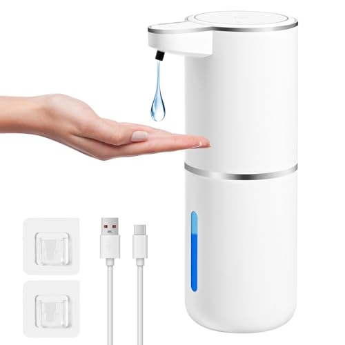 Gaethra Seifenspender Automatisch, 380ml Elektrischer Seifenspender mit Sensor, Seifenspender Wandbefestigung mit USB Wiederaufladbar, 4 Stufen Verstellbar SeifeSenspender (Weiß, Flüssigetyp)