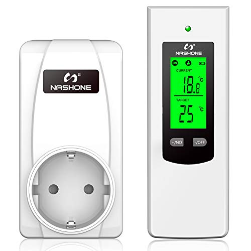 NASHONE Wireless Thermostat Steckdose,Digitaler Temperaturregler mit Heizung/Kühlung, Fernbedienung mit Temperatursensor und Speicherfunktion LCD-Display mit Hintergrundbeleuchtung für Heizgeräte