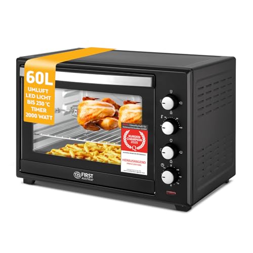 TZS First Austria - Minibackofen 60L 2000W - Mini Backofen Pizzaofen Temperaturregelung bis 230°C & 6 Modi - Geräumiger Miniofen mit 60 Min. Timer, 4 Einschubhöhen, Backblech, Grillrost & Drehspieß