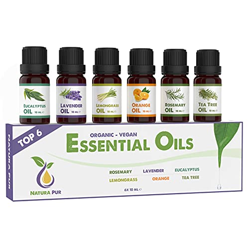 Ätherische Öle Set BIO - 100% naturrein, vegan - Duftöle für Diffuser - Aromaöle für Aromatherapie, 6 x 10ml (Rosmarin, Lavendel, Eukalyptus, Zitronengras, Orange, Teebaum)