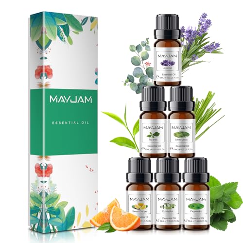 MAYJAM Ätherische Öle Set 6 x 10ml, Rein Naturrein Ätherisches Öl Eukalyptusöl, Lavendel, Süße Orange, Teebaum, Zitronengras, Pfefferminz, Duftöle Set für Diffuser Aromatherapie Geschenkset