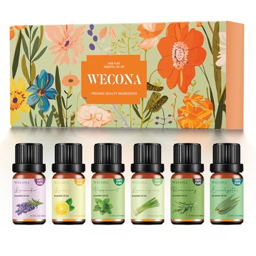 Reines ätherisches Öl-Set – Top 6 Aromatherapie-Öle-Set, ätherische Öle für Diffusoren für Zuhause – Pfefferminze, Lavendel, Eukalyptus, Zitronengras, Rosmarin, Zitrone – 10 ml x 6