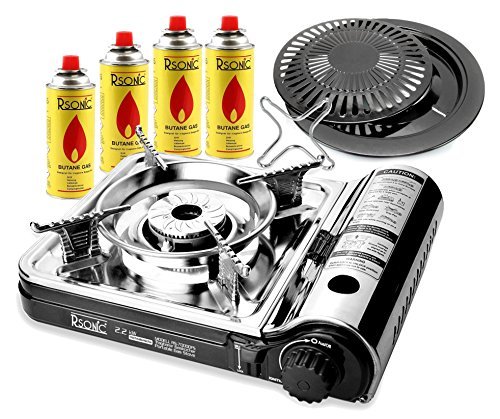 TruWare - RSonic Gaskocher Campingkocher Profi RS-7000DFS + Gaskartuschen + Grillplatte + Gaskreuz (mit 4 Kartuschen)