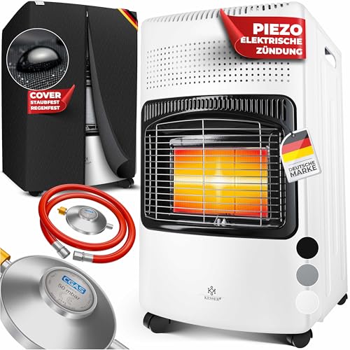KESSER® 4200 Watt Keramik Piezo Gasheizer inkl. Gasdruckregler Gasschlauch + Schutzhülle, Gasheizofen Heizstrahler Gasheizgerät Infrarot Keramikbrenner, Butan- oder Propangasflaschen bis 15kg, Weiss