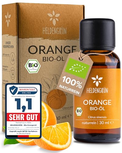 Heldengrün® BIO Orangenöl [100% NATURREIN] Kaltgepresst aus echten Orangen - Orangenöl zum Verzehr - Ätherisches Öl Orange - Duftöl Orange -Orange Oil