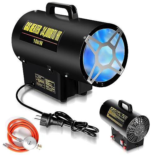 Ikodm Gasheizung für innenräume, 10KW 220V Gasheizgerät Gasheizer Gasheizgebläse Propangasheizgebläse 320 m³/h Luftdurchsatz, mit 1,2m Gasschlauch und 700 mbar Druckminderventil