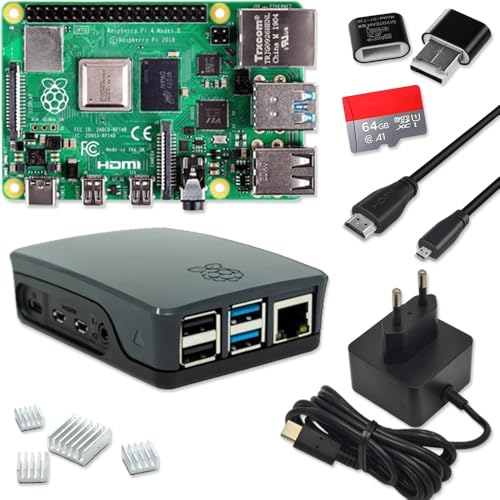 Raspberry Pi 4 4GB Starter-Set | 64GB Micro SD Karte | USB-C Netzteil | Gehäuse schwarz | 4K Micro HDMI Kabel | 4 Kühlkörper | Raspberry Pi 4 Model B 4GB RAM