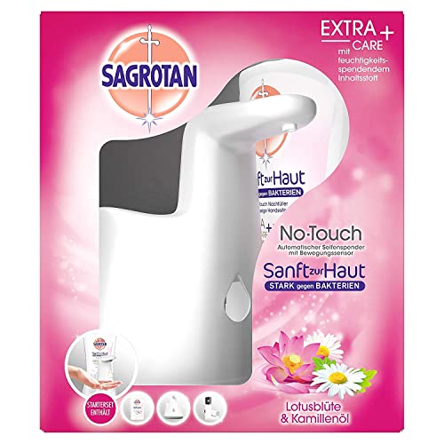 Sagrotan No-Touch Automatischer Seifenspender Weiß – Inkl. Sagrotan Nachfüller Lotusblüte & Kamillenöl – 1 x 250 ml Flüssigseife