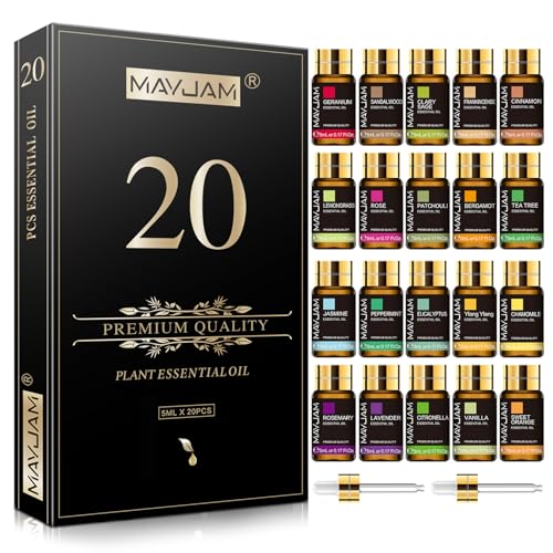 MAYJAM Ätherische Öle Set 20Pcs, Ätherisches Öl Geschenk Set für Diffusor, Luftbefeuchter - Lavendel Jasmin Eukalyptus Vanille Sandelholz Süßorange Rose Bergamotte und Mehr